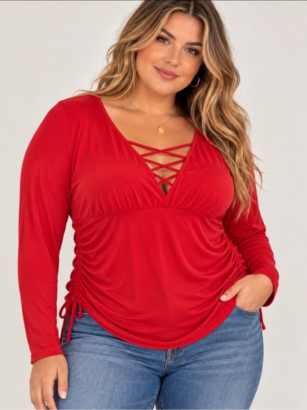 Ashley Stewart Red Ruched Lace Up Long Sleeve Top Plus Size 26/28 NEW